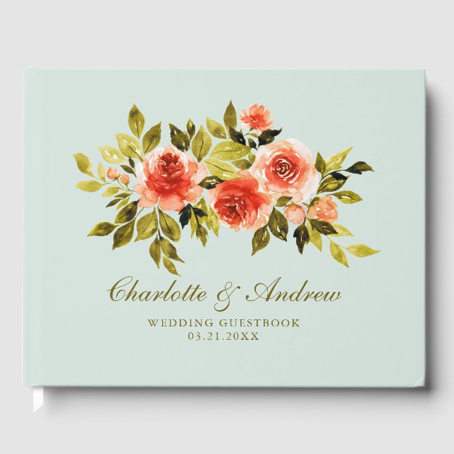 Livro De Visitas Rosas de Aquarela Elegante Casamento Verde (Frente)