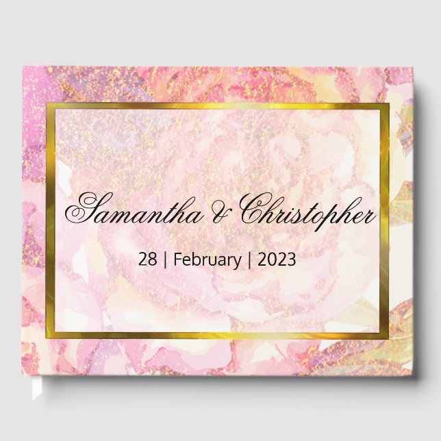 Livro De Visitas Rosas de Aquarela Rosa e Casamento Dourado (Frente)