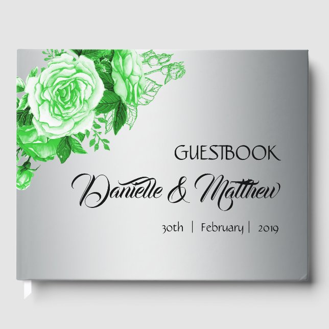 Livro De Visitas Rosas de Aquarela Verde no Casamento Prateado (Frente)