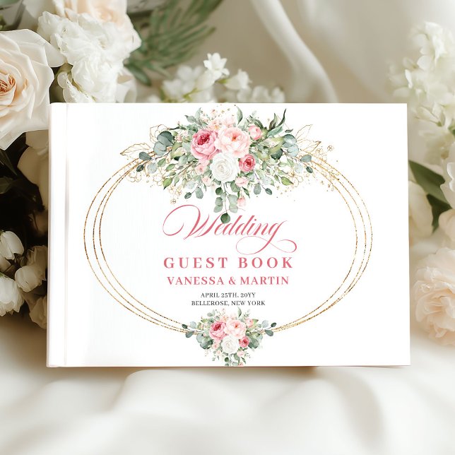 Livro De Visitas Rosas de blush suave dourado verde boho chic casam (Soft blush roses gold greenery boho chic wedding guest book

)