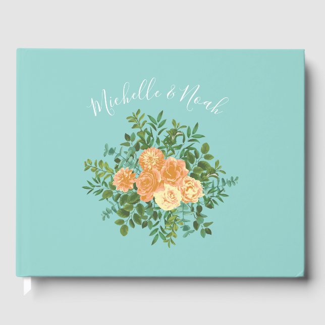 Livro De Visitas Rosas Florais Aqua Peach Wedding (Frente)