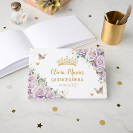 Livro De Visitas Rosas Lilás Roxos Quinceanera Dourada Floral