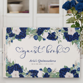 Livro De Visitas Rosas reais em azul com caligrafia elegante