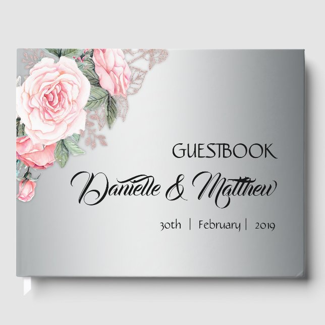 Livro De Visitas Rosas Rosa e Guestbook de Casamento Prateado (Frente)