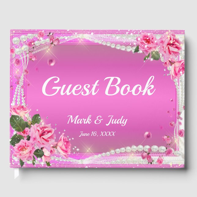 Livro De Visitas Rosas Rosa E Pérolas De Casamento Guestbook (Frente)