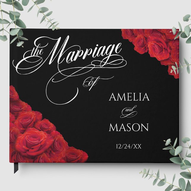 Livro De Visitas Rosas Vermelhas Fotografia Caligrafia Script Preto (Red Roses Photo Calligraphy Script Black Wedding Guest Book Front)