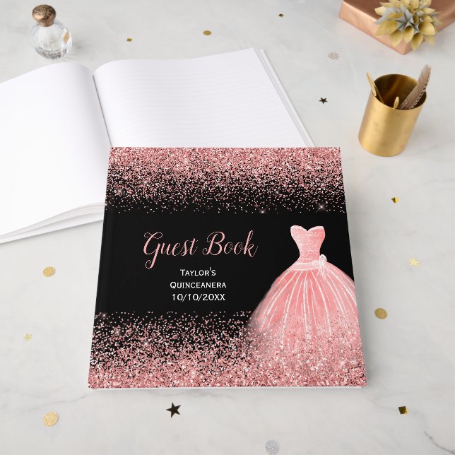 Livro De Visitas Rose Pink Dress Faux Glitter Quinceanera (Frente aberta)