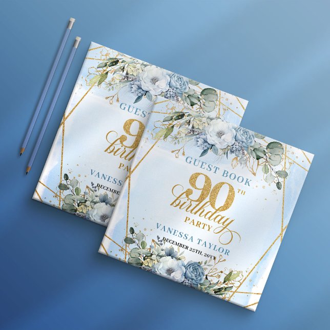 Livro De Visitas Roteiro Elegante Único Azul Poeirento Aniversário  (Unique Elegant Script Dusty Blue 90th Birthday Guest Book

)