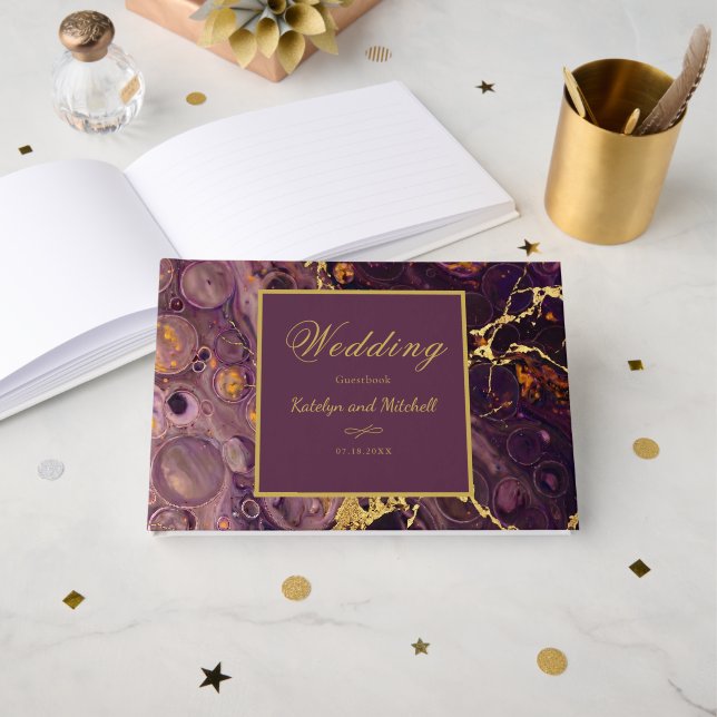 Livro De Visitas Roxo Ameixa E Mármore Dourado  (Frente aberta)