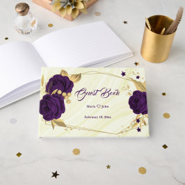 Livro De Visitas roxo real floral geométrico dourado chic