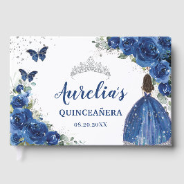 Livro De Visitas Royal Blue Floral Rosa princesa Silver Quinceañera