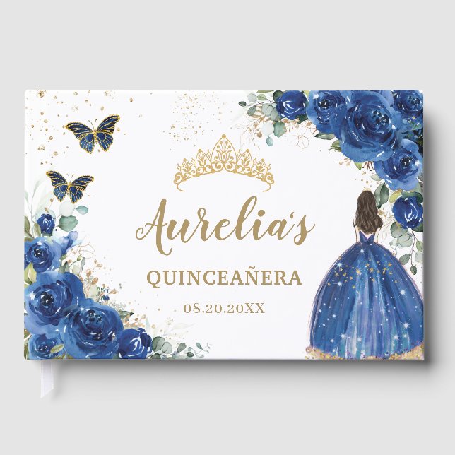 Livro De Visitas Royal Blue Floral Rosas Princesa Dourada Quinceañe (Frente)