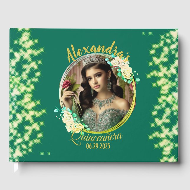 Livro De Visitas Royal Green Photo Boho Quinceañera Espanhol (Frente)