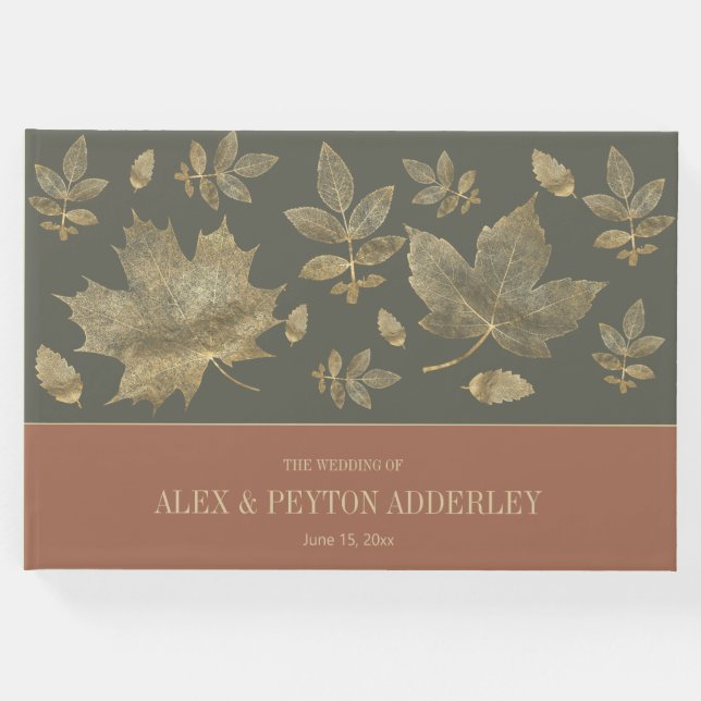 Livro De Visitas Rust Moss Green Dourado outono deixa casamento (Frente)