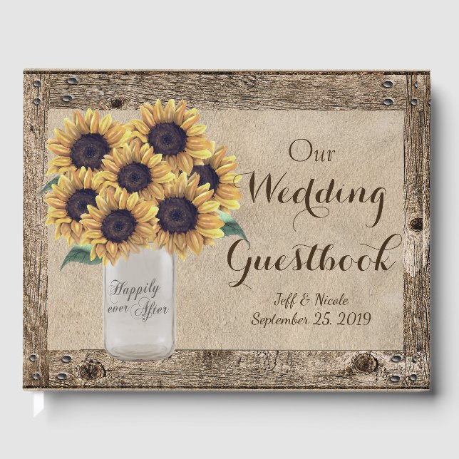 Livro De Visitas Rustic Barn Weding Mason Jar Sunflower Guestbook (Frente)