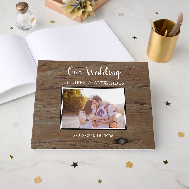 Livro De Visitas Rustic barn wood pattern photo couple wedding (Frente aberta)