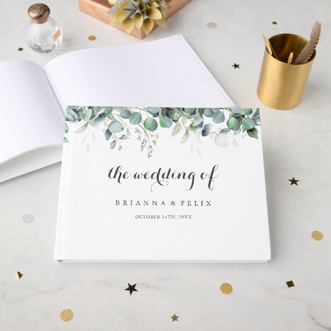 Livro De Visitas Rustic Botanical Eucalyptus Greenery Wedding (Frente aberta)