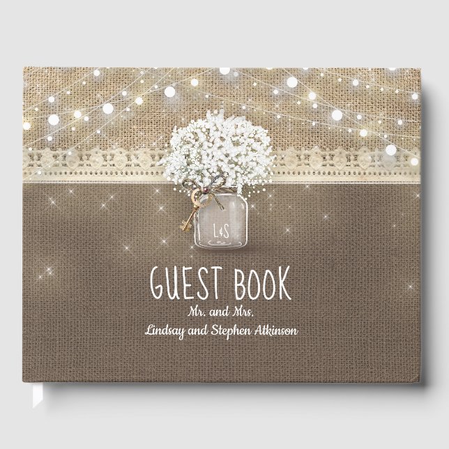 Livro De Visitas Rustic Burlap e Baby's Breath Mason Jar Wedding (Frente)