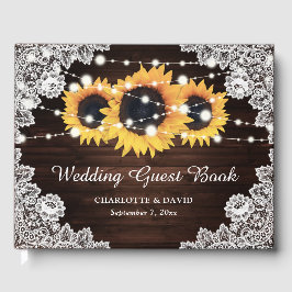 Livro De Visitas Rustic Chic Wood Lace Sunflower Wedflower Book