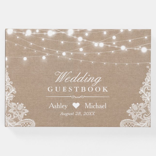 Livro De Visitas Rustic Country Burlap String Luzes Lace Casamento (Frente)