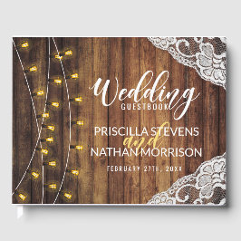 Livro De Visitas Rustic Country String Lights Wood Lace Casamento