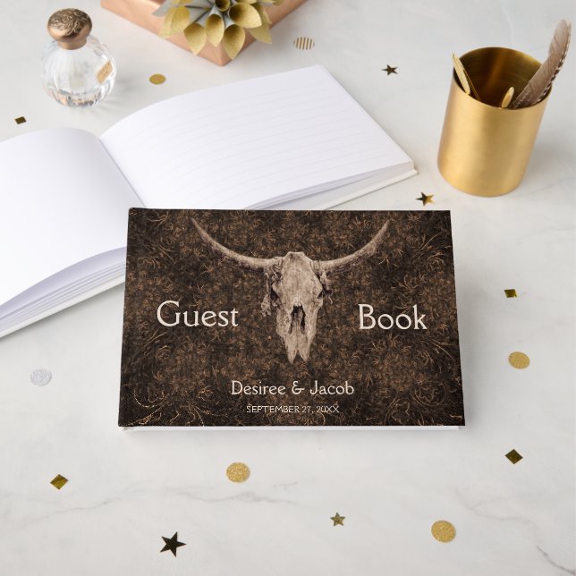 Livro De Visitas Rustic Elegant Wedding Brown Western Bull Skull (Frente aberta)