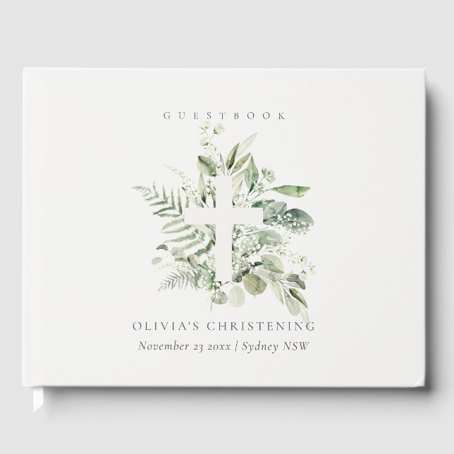 Livro De Visitas Rustic Eucalyptus Fern Foliage Cross Christening (Frente)
