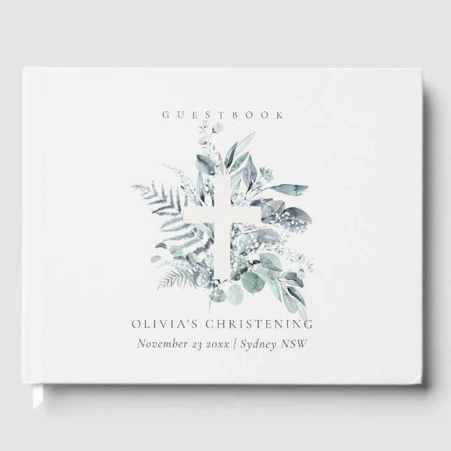 Livro De Visitas Rustic Eucalyptus Fern Foliage Cross Christening (Frente)