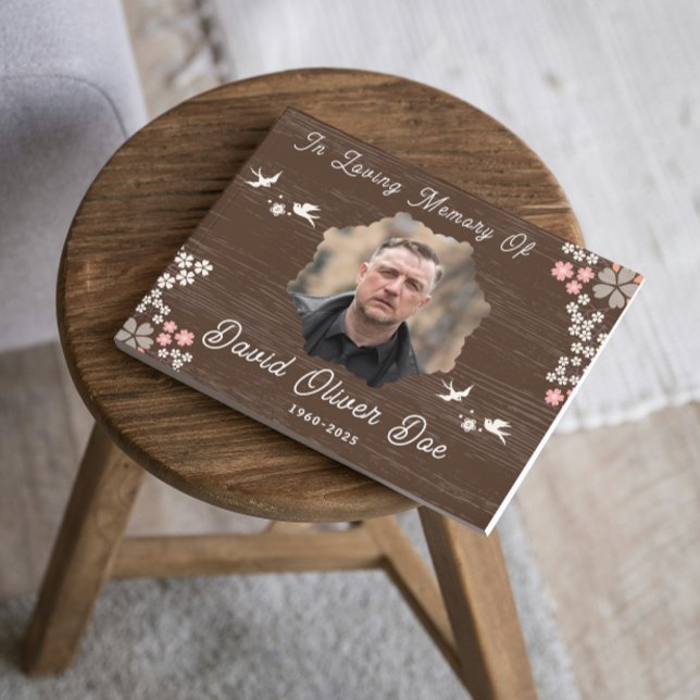 Livro De Visitas Rustic Floral Birds Custom Photo and Text Memorial (rustic guest books in loving memory sympathy remembrance forever in our hearts keepsake forever hear)