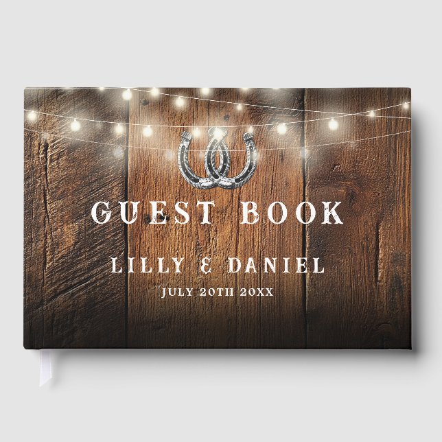 Livro De Visitas Rustic Horseshoes String Lights Barn Wood Wedding (Frente)