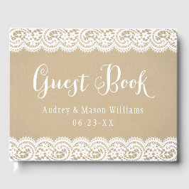 Livro De Visitas Rustic Kraft e Lace Wedding Monograma