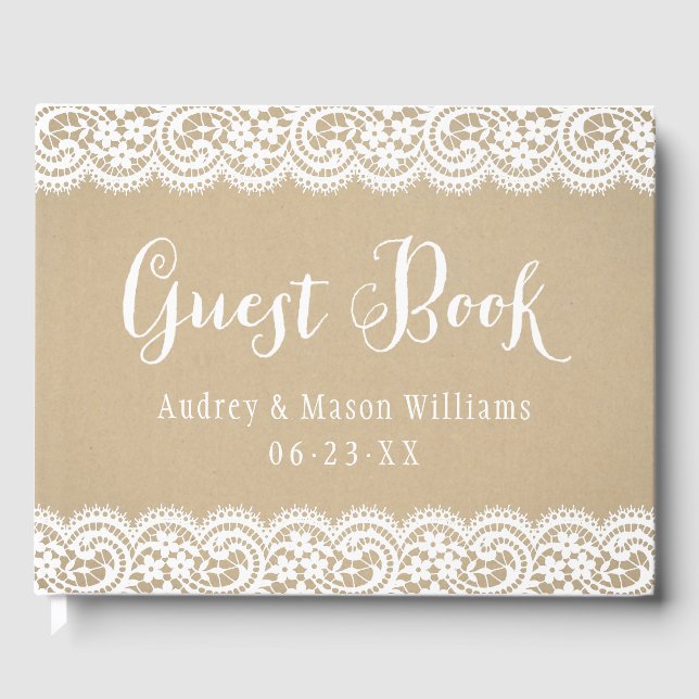 Livro De Visitas Rustic Kraft e Lace Wedding Monograma (Frente)
