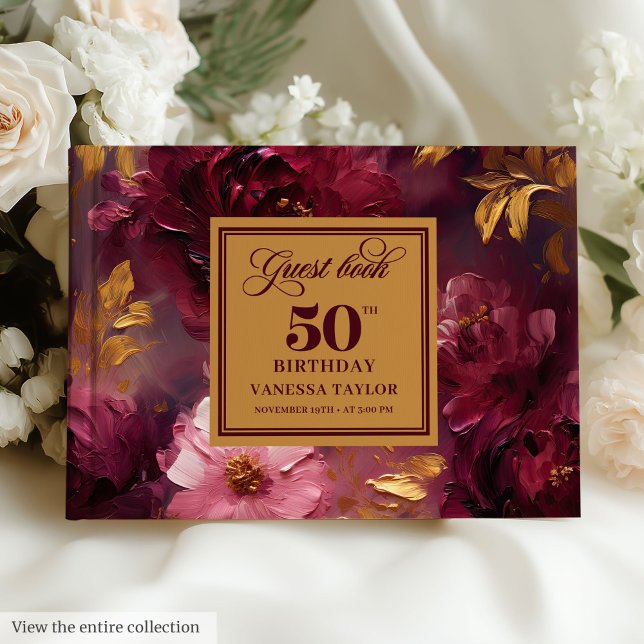 Livro De Visitas Rustic Maroon Blush Douradas Flores 50º Aniversári (Rustic Maroon Blush Gold Flowers 50th Birthday Guest Book)