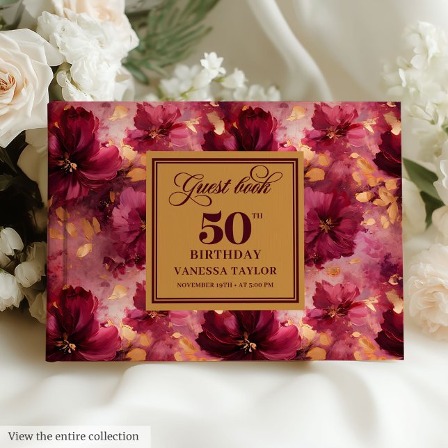 Livro De Visitas Rustic Maroon Blush Douradas Flores 50º Aniversári (Rustic Maroon Blush Gold Flowers 50th Birthday Guest Book )