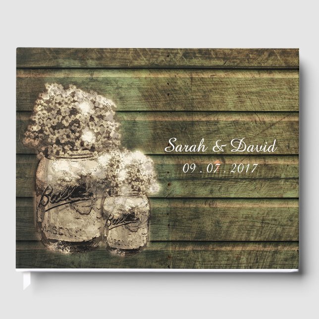 Livro De Visitas Rustic Mason Jar com Babies Breath (Frente)