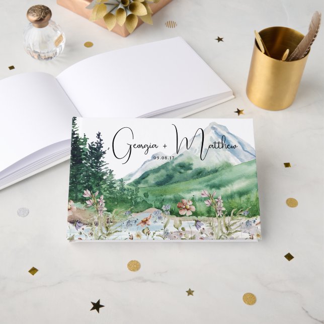 Livro De Visitas Rustic Mountain Wildflower | Boho Wedding (Frente aberta)