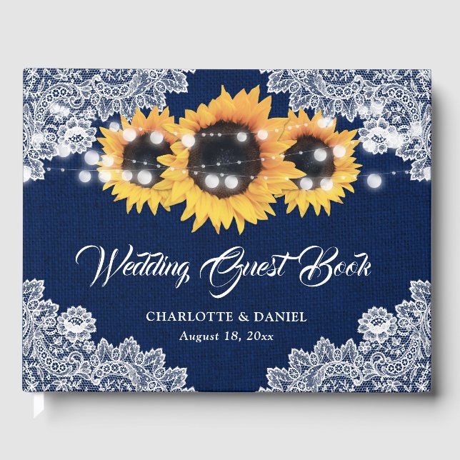 Livro De Visitas Rustic Navy Blue Burlap Lace Sunflower Wedding (Frente)