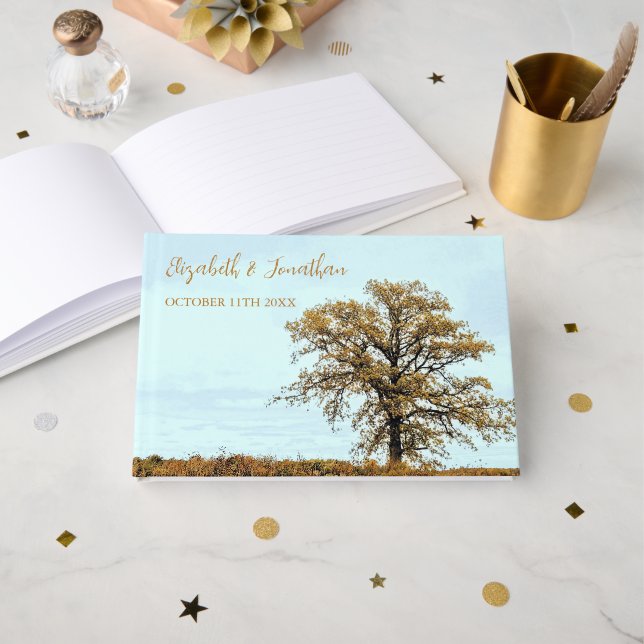 Livro De Visitas Rustic Oak Tree Autumn Wedding (Frente aberta)