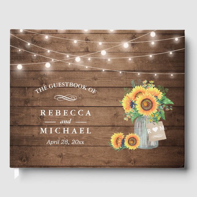 Livro De Visitas Rustic Sunflower Mason Jar String Luzes Casamento (Frente)