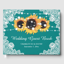 Livro De Visitas Rustic Teal Lace Sunflower Wedflower Book