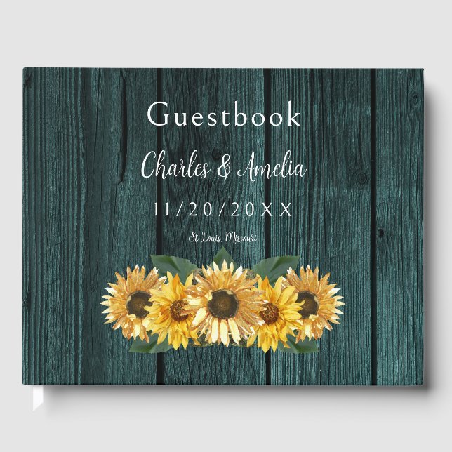 Livro De Visitas Rustic Teal Sunflower Weding Guest Book (Frente)