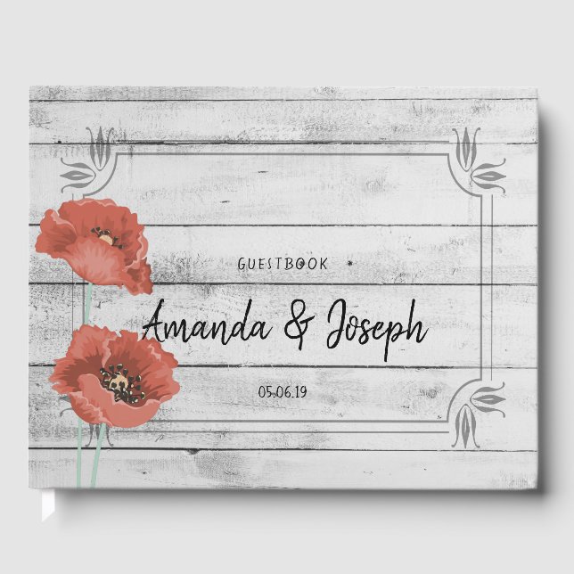 Livro De Visitas Rustic White Wood Poppy Flowers Casamento Guestboo (Frente)
