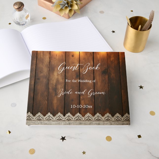 Livro De Visitas Rustic Wood and Lace Wedding Guest Book (Frente aberta)