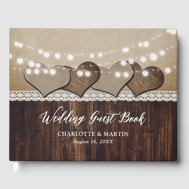 Livro De Visitas Rustic Wood Burlap e Lace Weds Guest Book (Frente)