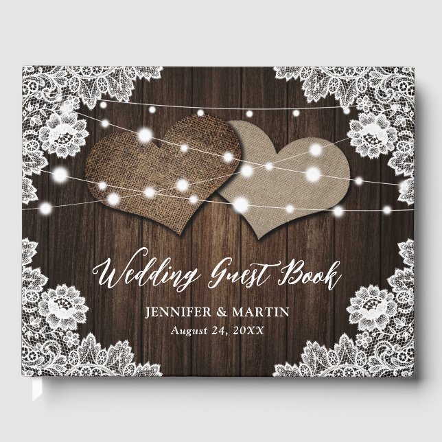 Livro De Visitas Rustic Wood Burlap Hearding Wedding Guest Book (Frente)