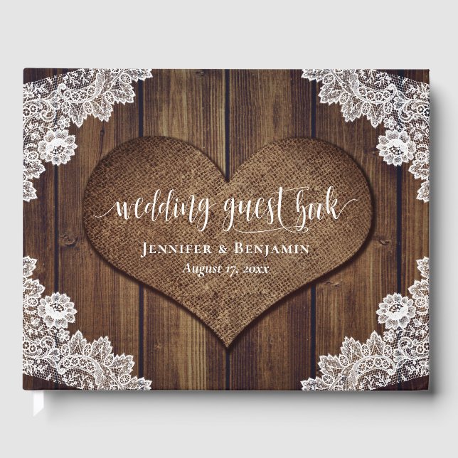 Livro De Visitas Rustic Wood Burlap Lace Casamento Guest Book (Frente)