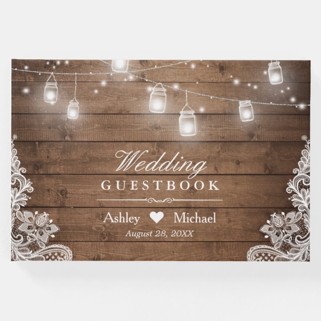 Livro De Visitas Rustic Wood Mason Jar String Luzes Lace Casamento (Frente)
