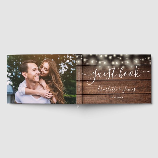 Livro De Visitas Rustic Wood String Lights Photo Wedding (Completo)