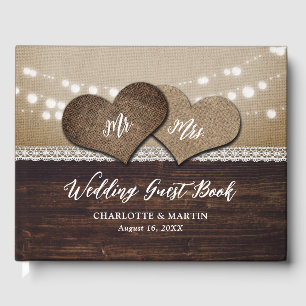 Livro De Visitas Rústica Country Wood Burlap e Lace Weds