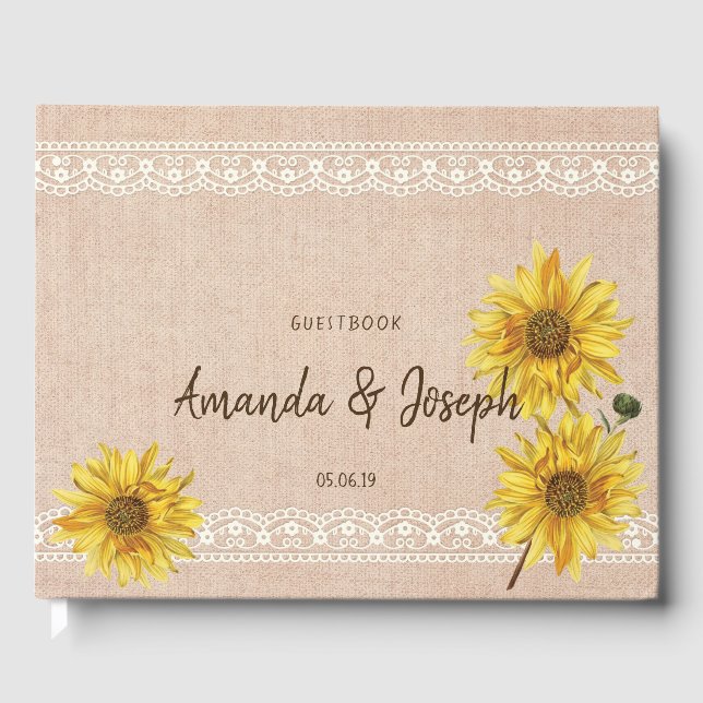 Livro De Visitas Rústico Lace & Burlap Sunflower Guestbook (Frente)